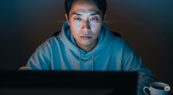 眼精疲労の目で、スクリーンを見つめる男性の画像。