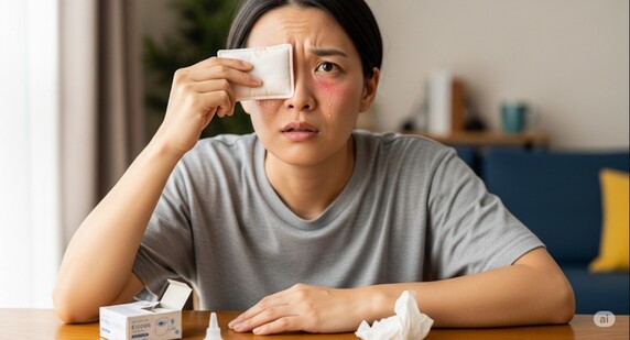 眼精疲労のセルフケアを懸命に行う女性の画像。