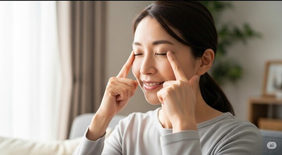 眼精疲労に対して、家で目のセルフケアをする女性の画像。