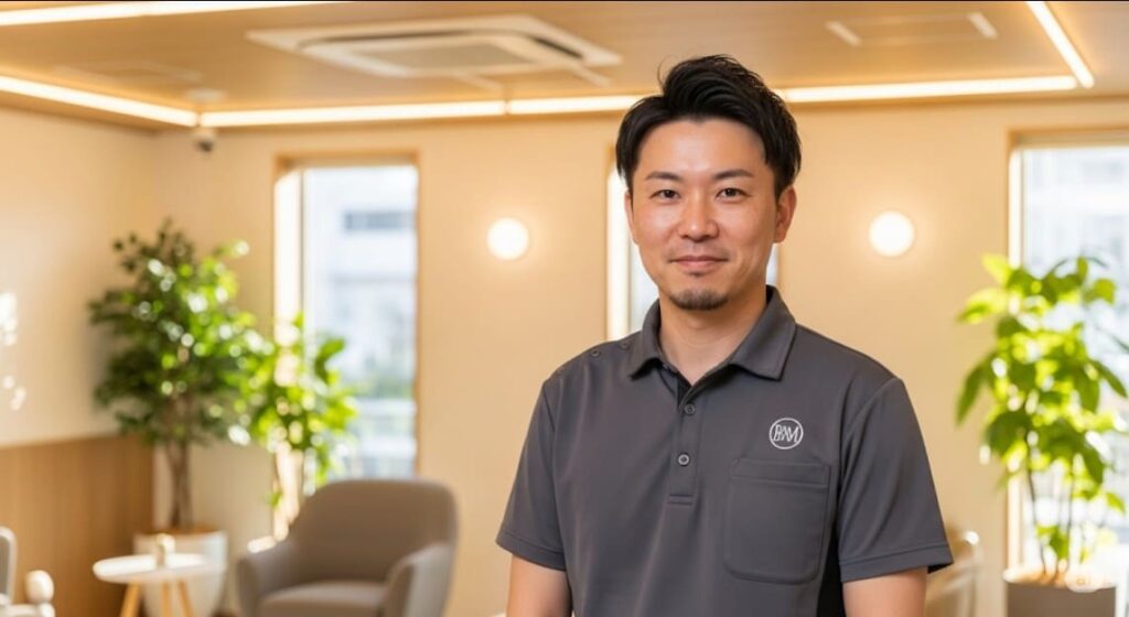 眼精疲労専門の施術所で、微笑む日本人セラピストの男性の画像。