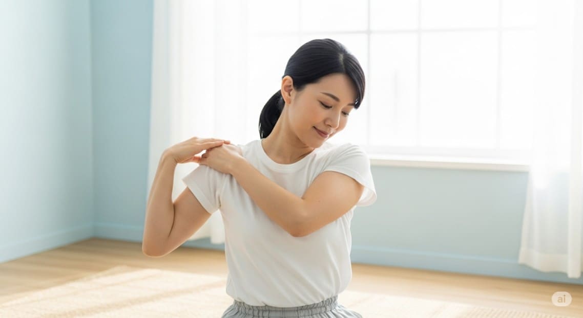 肩の痛みが和らぎ、安堵の表情を浮かべながら心地よさそうにストレッチをしている女性の画像