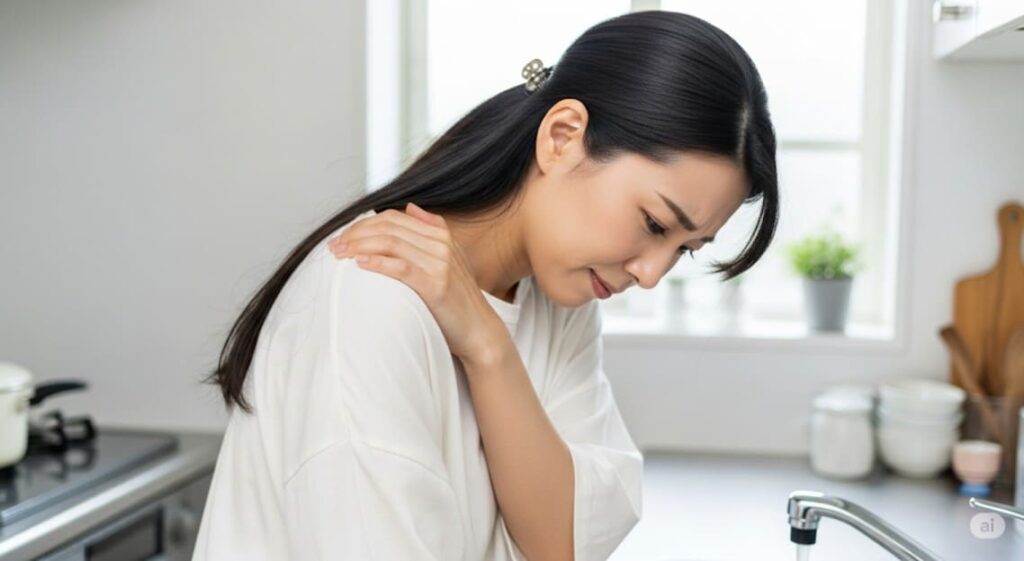慢性的な肩こりに悩まされ、疲労と負担を感じている様子の女性の画像
