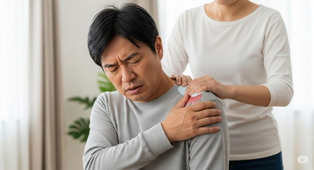 肩の痛みに湿布を貼る、またはマッサージを受けているが、まだ不快感や不満そうな表情をしている男性の画像。一時的な緩和に過ぎず、解決には至っていない様子。
