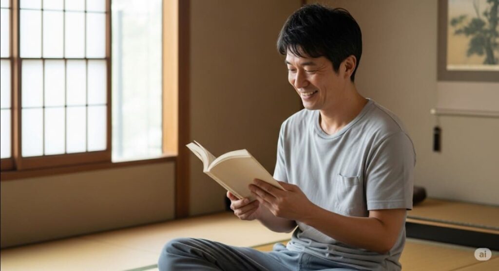 肩こりの: 痛みから解放され、生活の質が向上したことを示すかのように、ヨガや読書などの趣味を楽しみ、喜びとリラックスした表情を浮かべる男性の画像