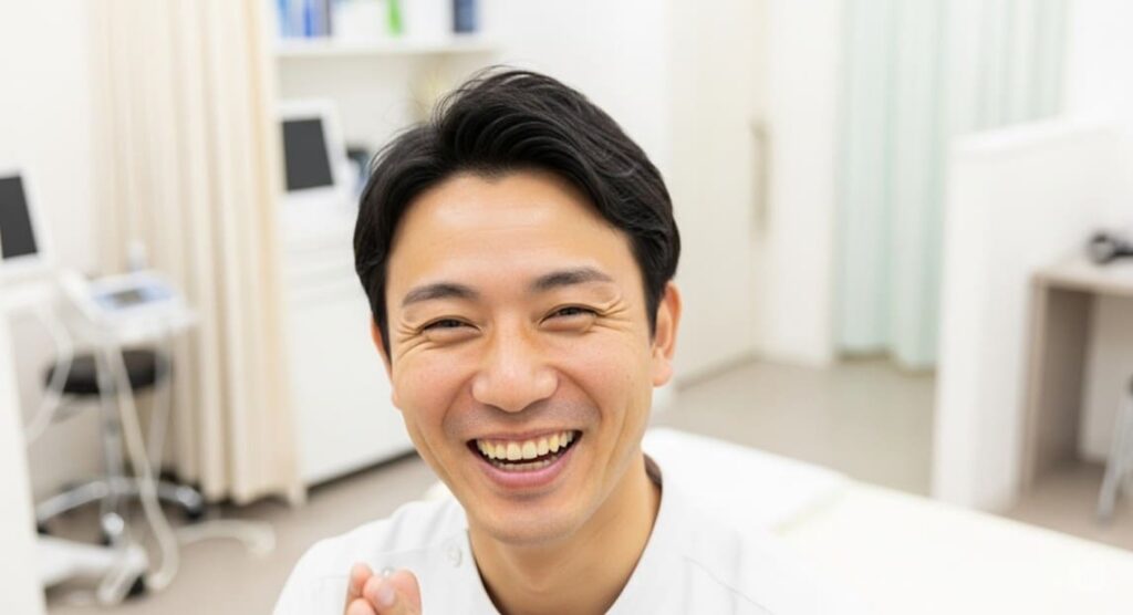施術を受け肩こりから解放され、心から嬉しそうに微笑み、安堵や感謝の気持ちをわずかに表現している男性の画像