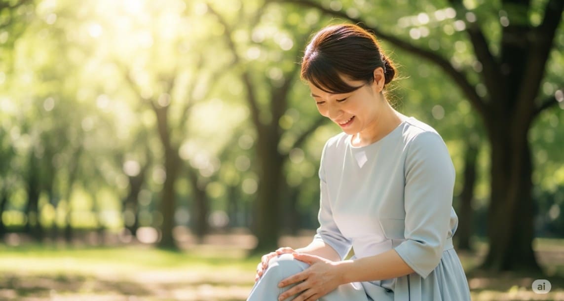 膝痛を克服し、膝に手を当てて穏やかに微笑む女性の画像