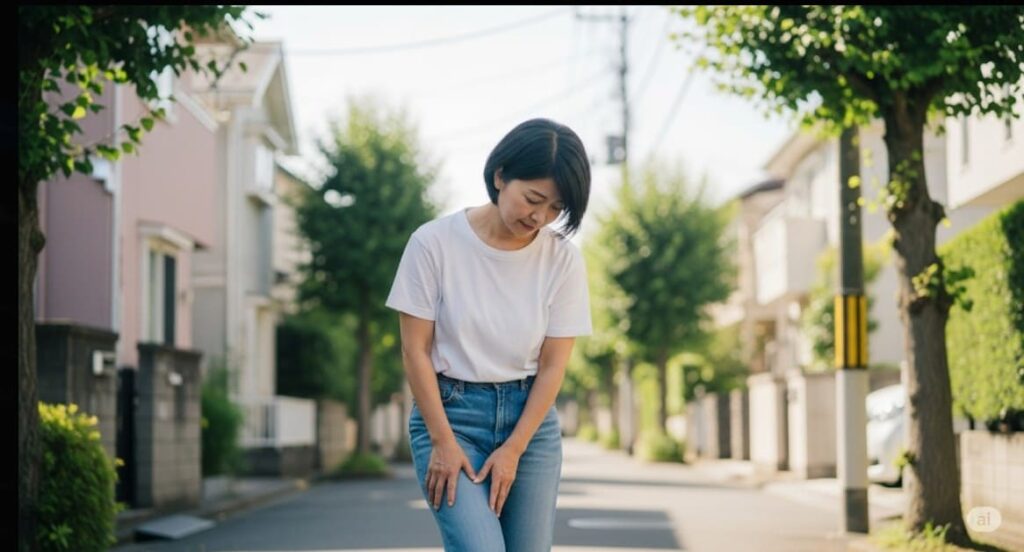 膝痛により、膝に手を当てて動きを止める女性の画像