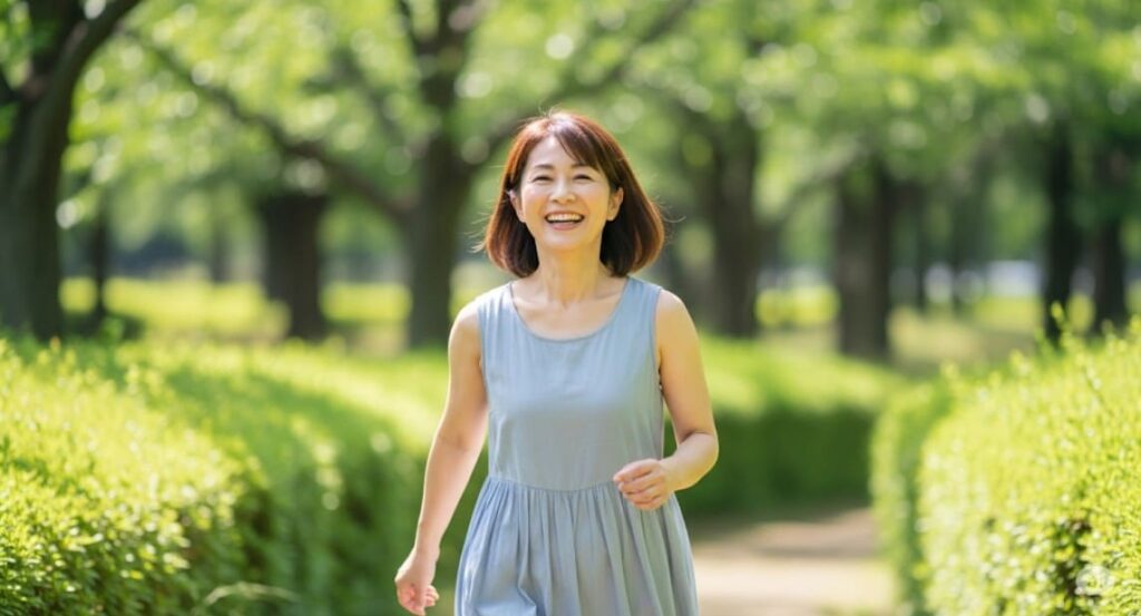 膝痛を克服して、晴れた公園を笑顔で歩く女性の画像