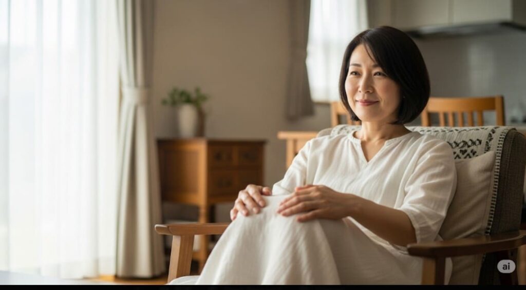 自宅のリビングで椅子に座り、膝に手を当てて膝痛セルフケアを行う女性の画像
