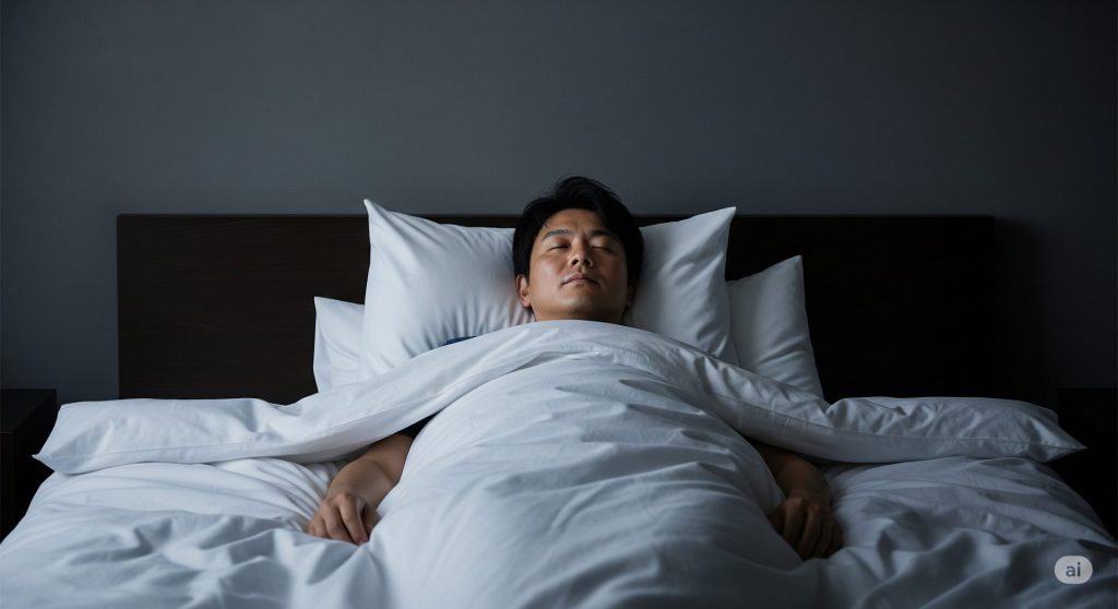 睡眠環境を整えて、夏バテで消耗した体力を回復しようとする男性
