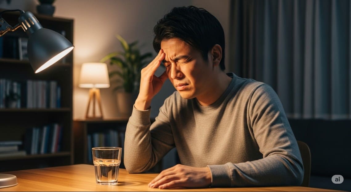 頭痛に苦しみ、こめかみに手を当てて辛そうな男性の画像