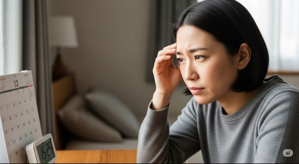 頭痛について悩み、考え込んでいる女性の画像