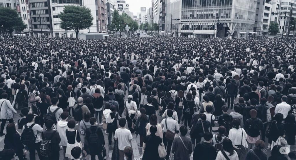 多くの人が行き交う日本の都市の交差点の画像。多くの人々が頭痛に悩まされているイメージ。