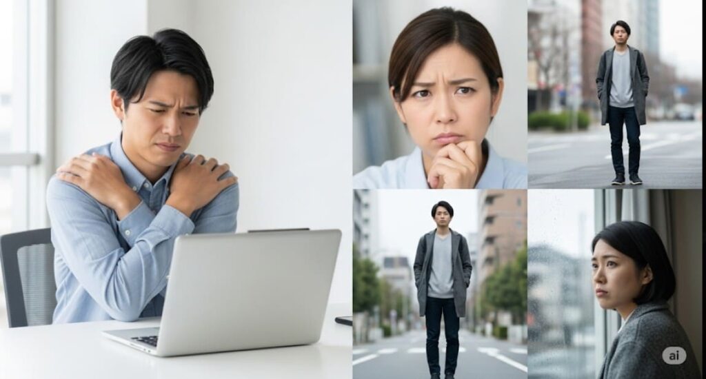 頭痛に悩まされている、デスクワークで首や肩を押さえている日本人、不安そうな日本人、バランスが崩れた日本人、雨の日に窓の外を見ている人たちの画像。