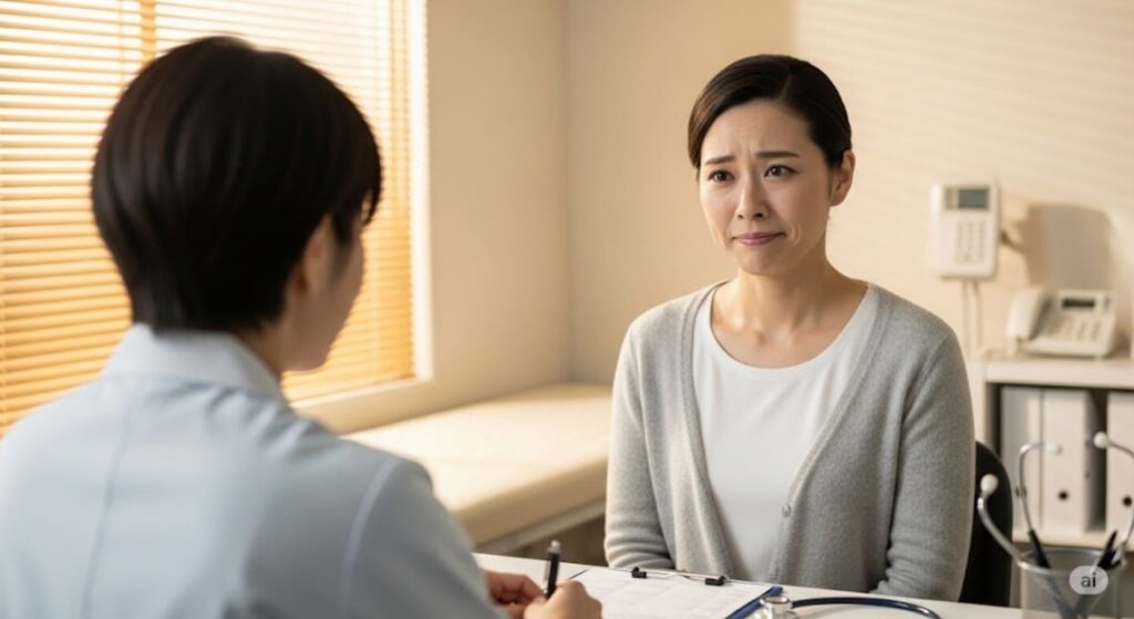 病院で頭痛について、医師と話している患者の画像