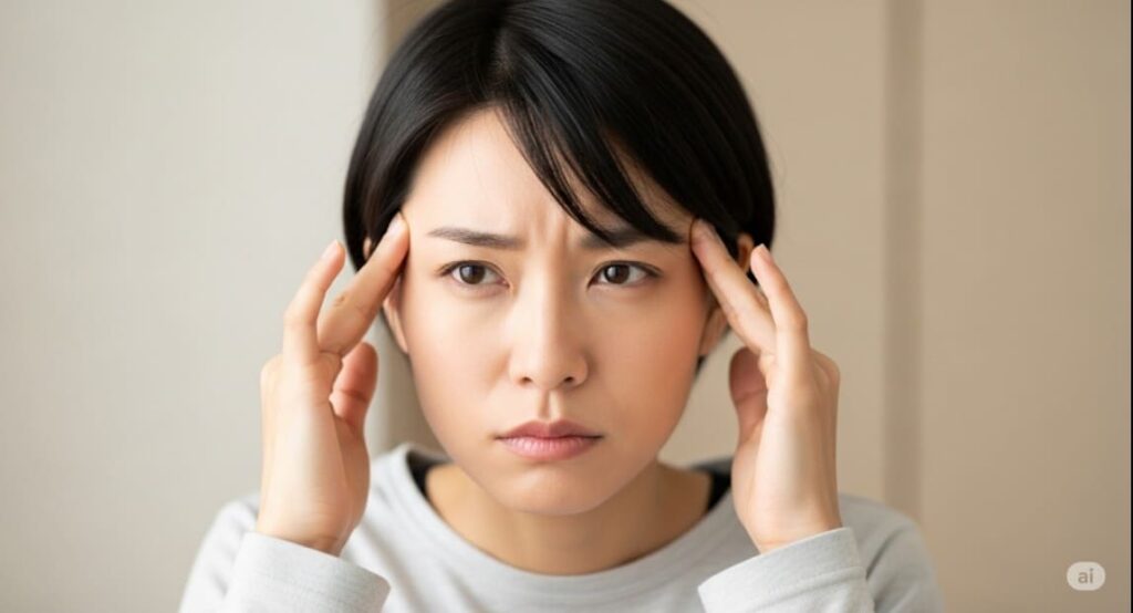 頭痛になり、頭を抱え、困惑した様子の女性の画像