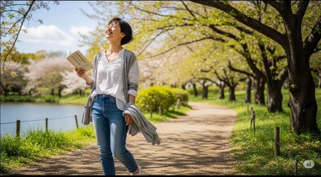 頭痛から解放され、安らかな表情で公園を散歩する女性の画像