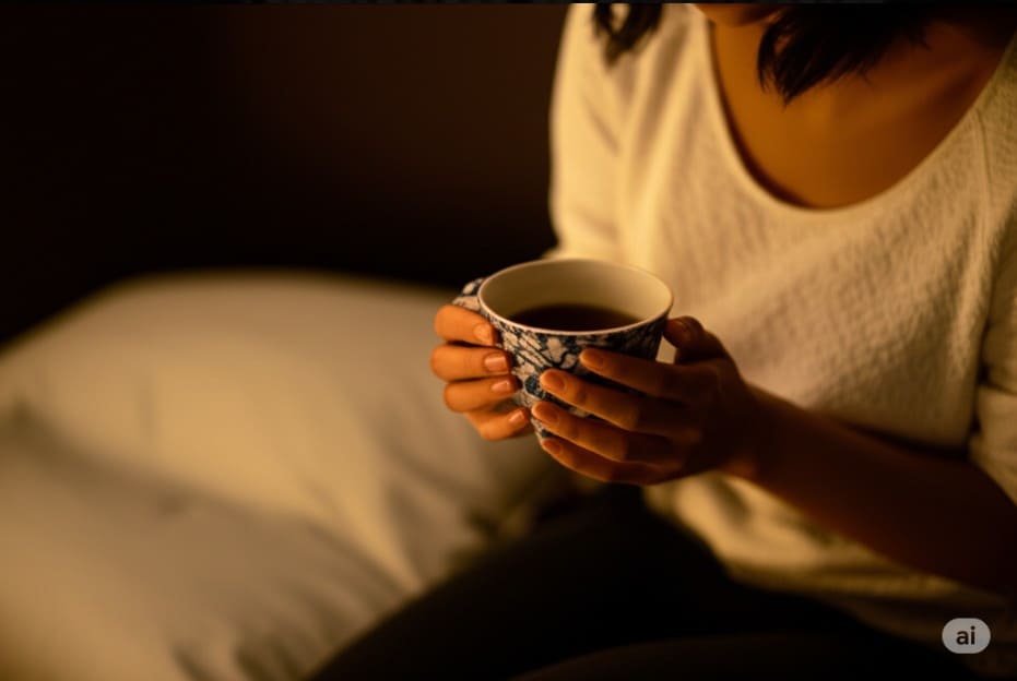リラックスした女性が自律神経を整えるために、温かい飲み物を持ち、リラックスした女性の画像