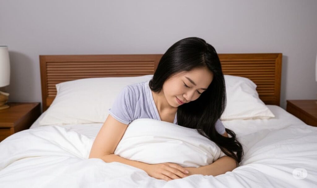 養命酒を飲んで自律神経を整え、眠りにつく準備をする女性の画像