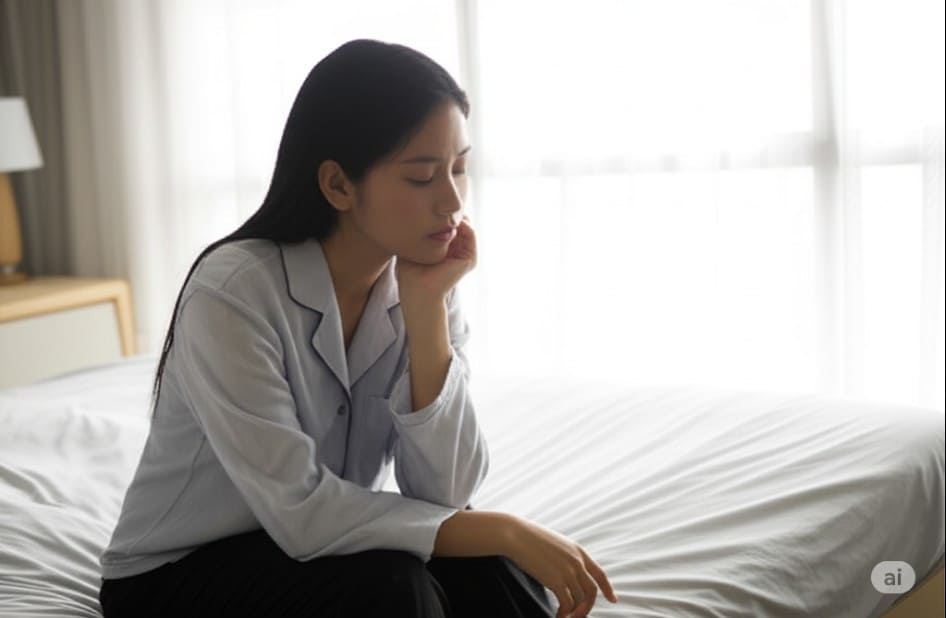 疲れて静かな部屋で休息する女性の画像