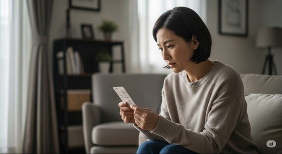 夏バテを治療するための、薬のラベルを注意深く読む日本人女性の画像