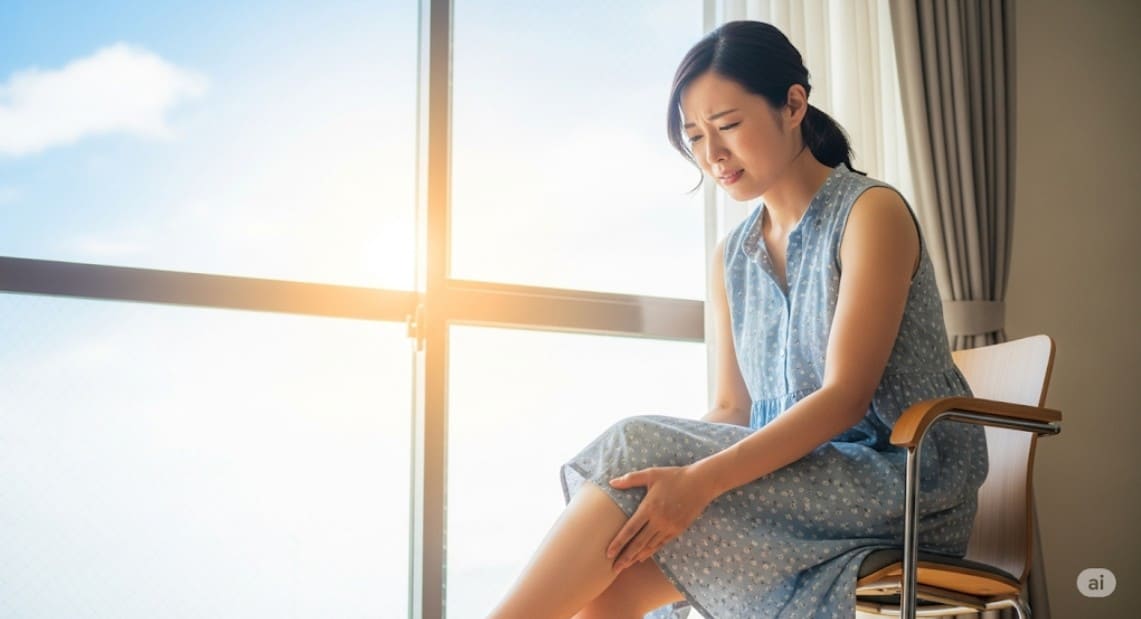 夏の日にリビングでくつろいでいたところ、突然こむら返りの予兆を感じる日本人女性。