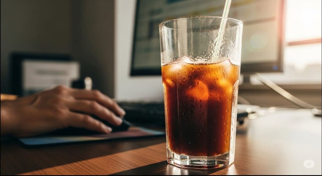 夏の水分補給としてのアイスコーヒーが、こむら返りの原因になることを示唆する画像。
