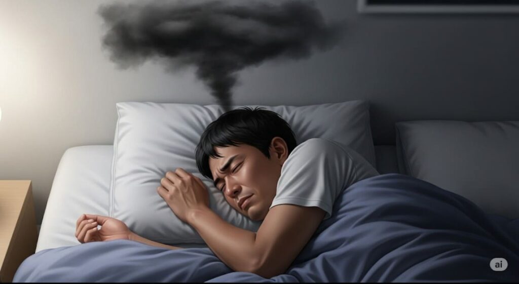 睡眠中のストレスが体に緊張を与えている様子を表すイラスト付き画像