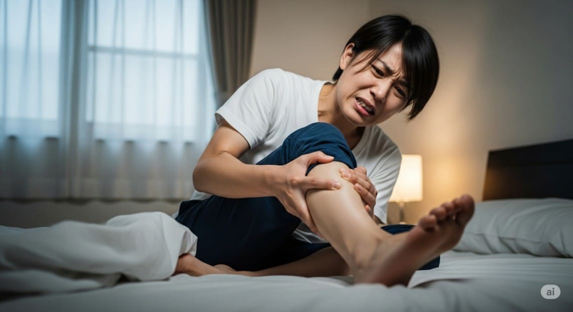 夜中にベッドでこむら返りを起こし、痛みに顔をゆがめてふくらはぎを押さえている人物の画像。