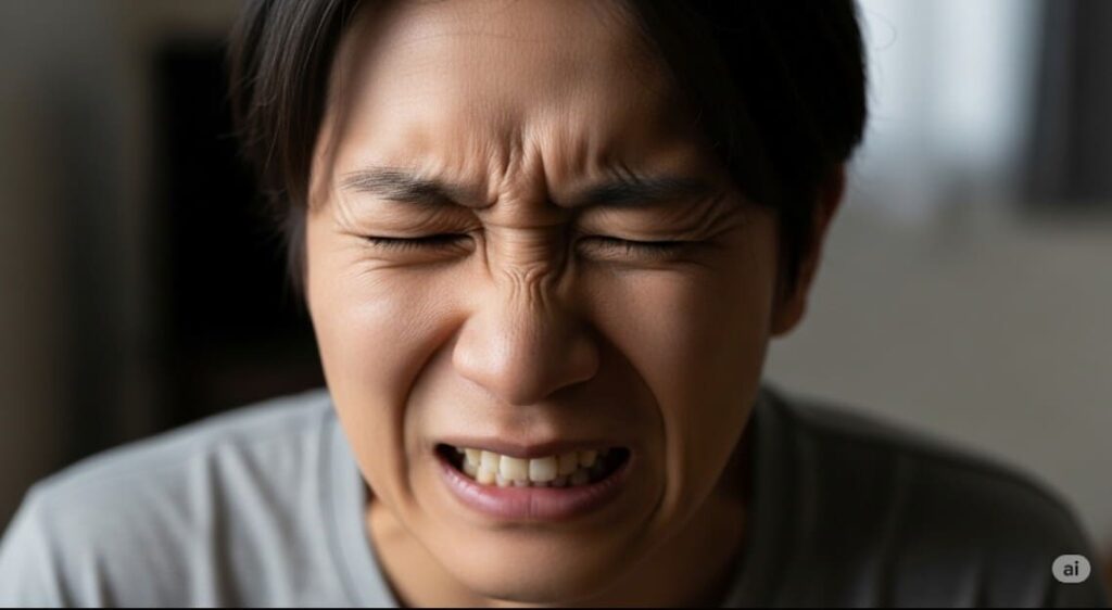 こむら返りの激しい痛みに顔をゆがめている人物の顔のクローズアップ。