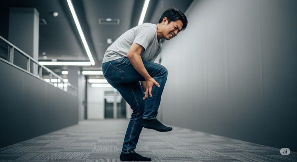 痛みが残るふくらはぎを手で押さえ、足を引きずって歩く人物の画像
