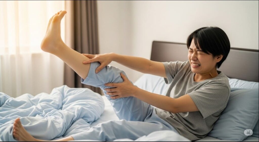 ベッドで伸びをした際、突然こむら返りを起こして痛がる人物の画像