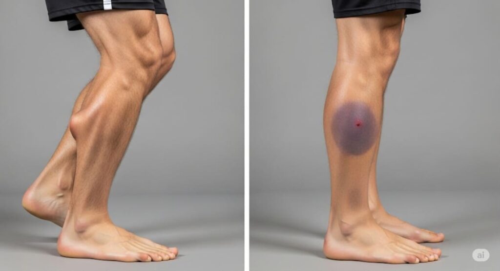 左側にこむら返りを起こし緊張したふくらはぎ、右側に内出血と腫れが見られる肉離れのふくらはぎを並べて比較した画像。