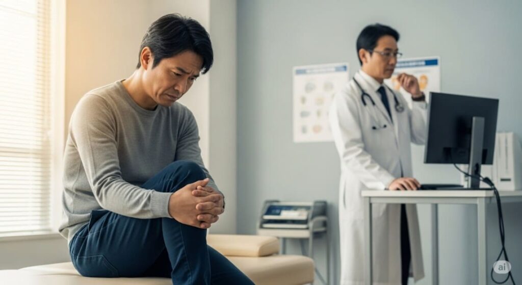 病院の診察室で、不安そうな表情で医師に相談している人物の画像。