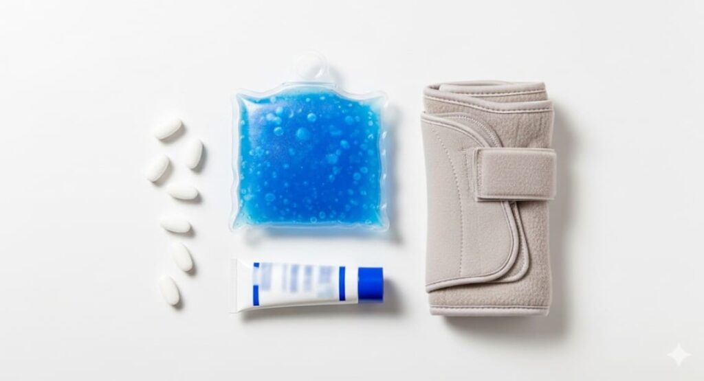 アキレス腱炎の一般的な対処法である湿布、薬、サポーター。