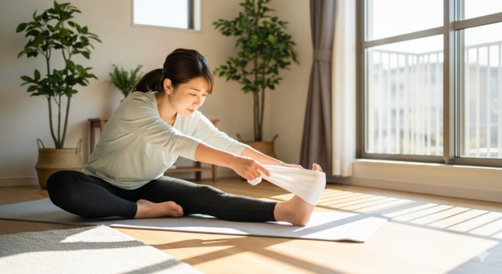 自宅でタオルを使い、アキレス腱炎のセルフケアとしてふくらはぎのストレッチを行う日本人女性。