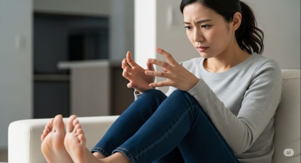 ソファに座り、心配そうな表情で自分の手と足を見比べているバーニングフィート症候群に悩む日本人女性。