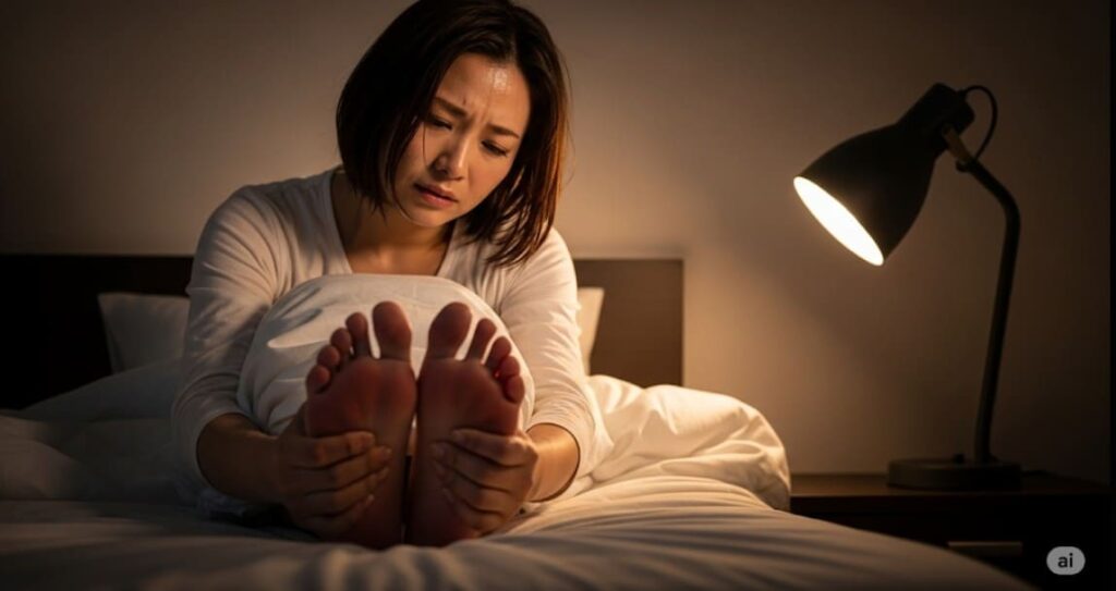 バーニングフィート症候群の症状で、夜、ベッドで足の裏が熱くて眠れず、苦しそうな表情で足を抱える日本人女性。