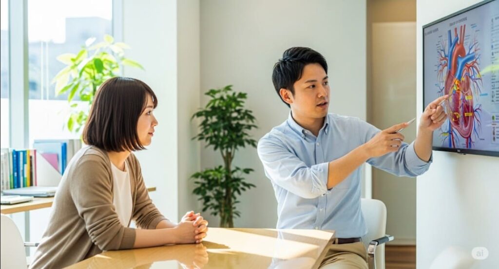 バーニングフィート症候群に対して専門家が患者に足の問題を丁寧に説明している様子の画像