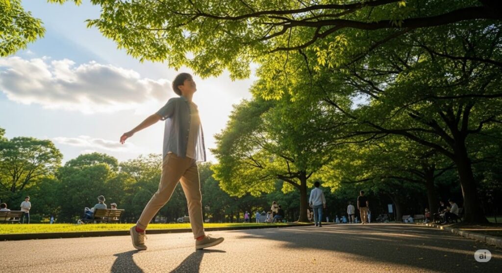 バーニングフィート症候群を克服し、公園で軽やかに歩いている人の画像