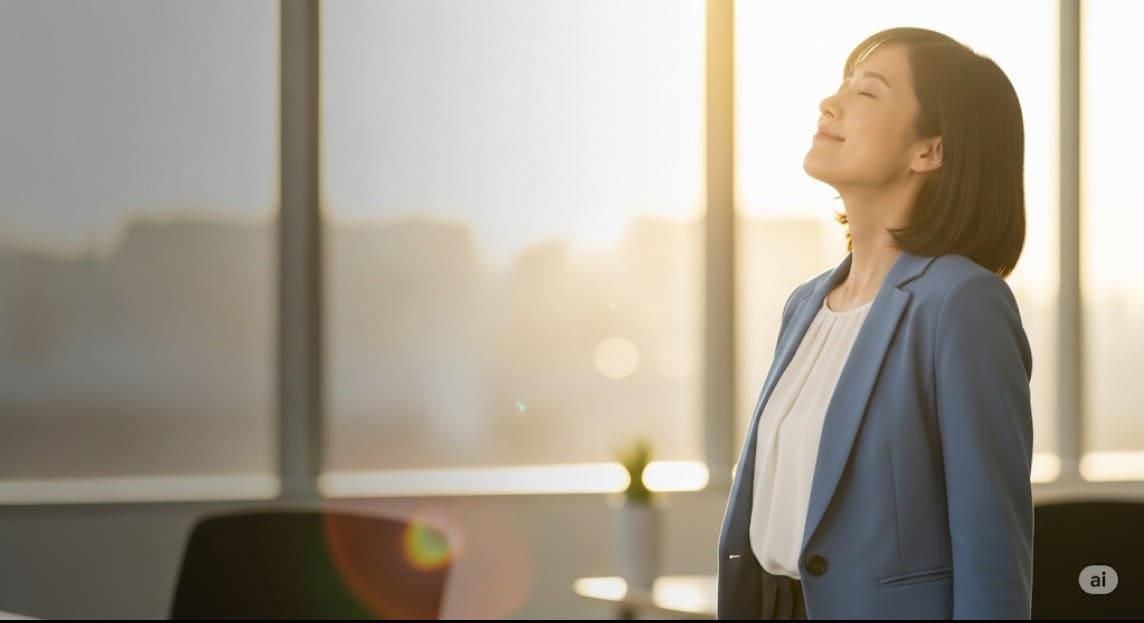 原因不明の体調不良を克服し、穏やかな表情で安堵している様子の女性の画像。