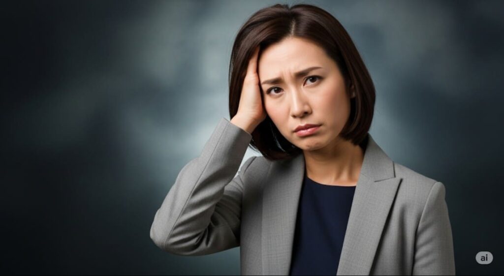 疲れた表情で頭に手を当て、原因不明の体調不良に悩んでいる女性の画像。