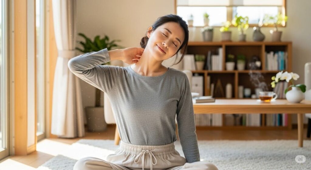 原因不明の体調不良を克服しようと、明るい部屋で、首を優しくストレッチしている女性の画像。