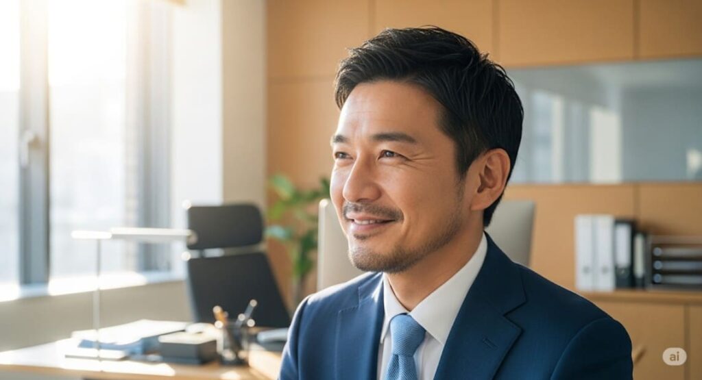原因不明の体調不良を克服し、穏やかな笑顔で未来を見つめる、希望に満ちた表情の男性の画像