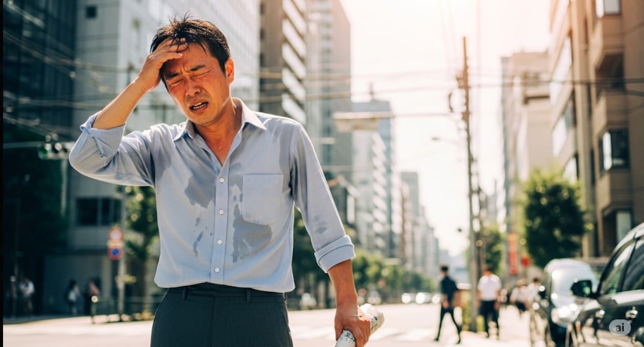 暑い夏の日に、熱あたりで日差しの中で体調が悪そうな様子の男性の画像。