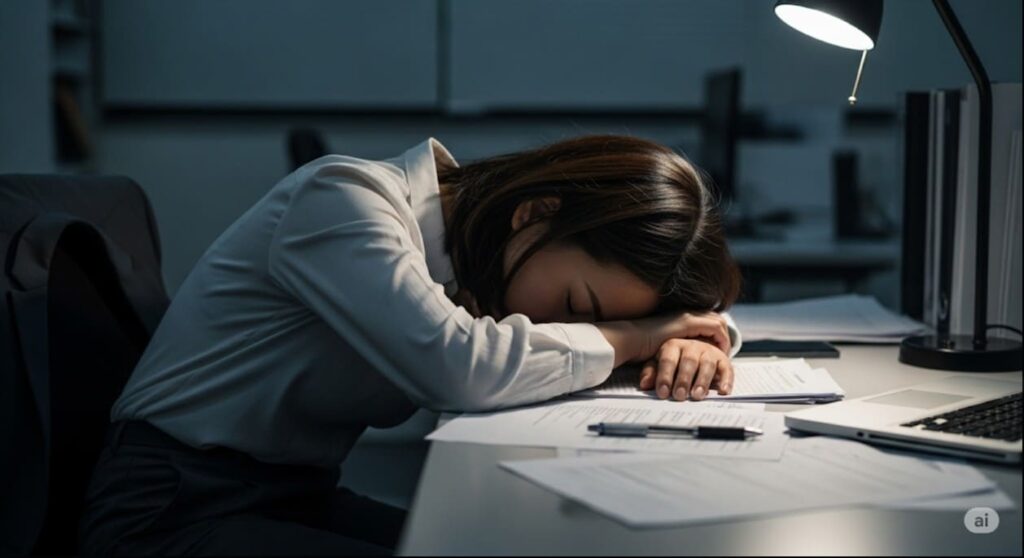 熱あたりでぐったりとデスクに突っ伏している日本人女性の画像。