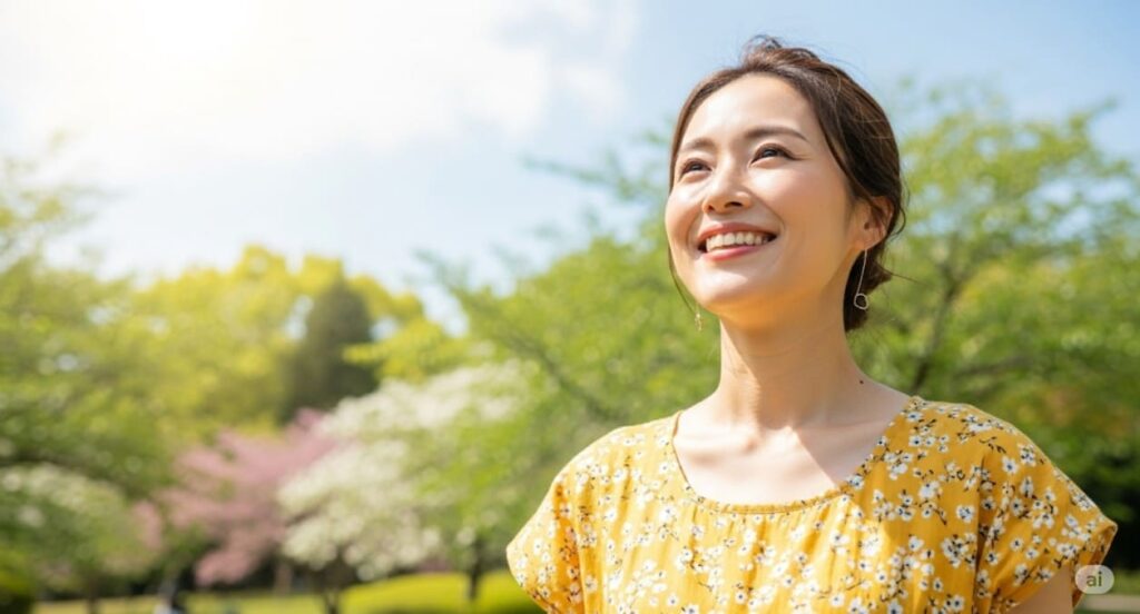 熱あたりを克服して、太陽の下で、健康的な笑顔を見せる女性。