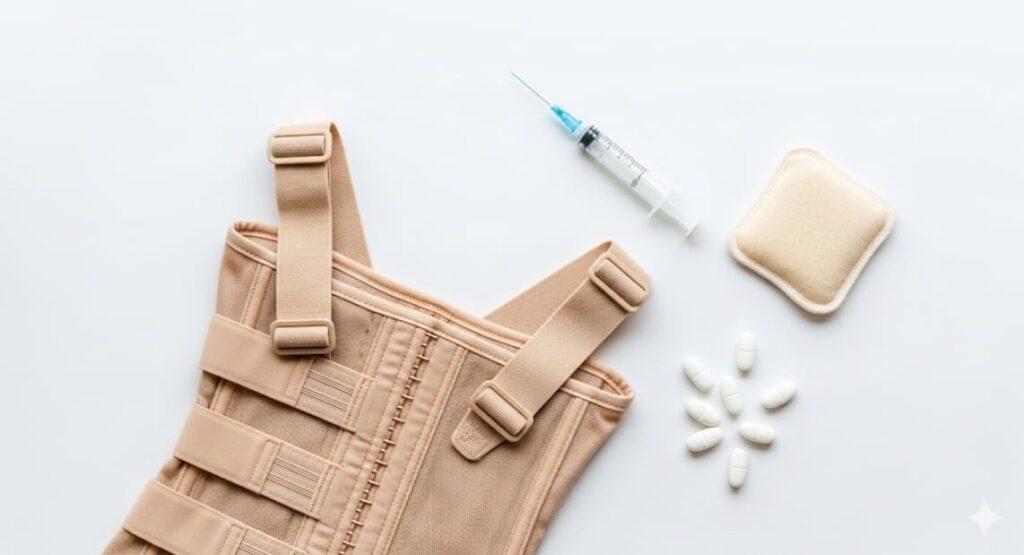 腰椎すべり症の一般的な対処法であるコルセット、薬、湿布、注射器と薬剤。