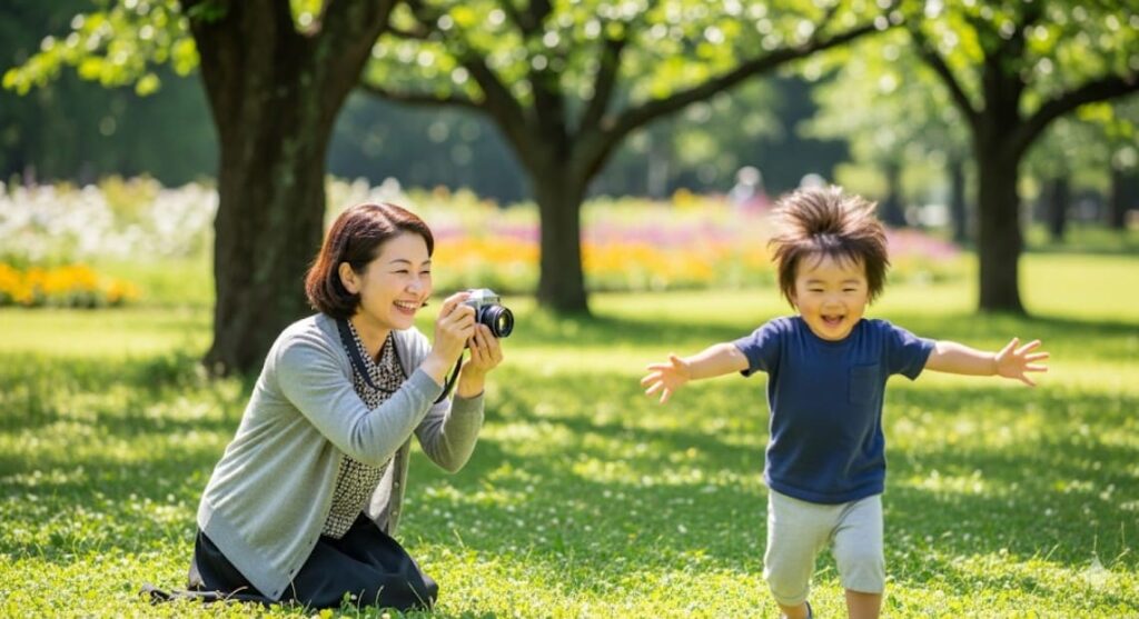腰椎すべり症が改善し、趣味のカメラで孫の写真を撮る日本人女性。