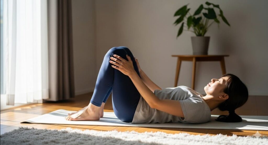 自宅で膝抱えストレッチを行い、腰椎すべり症のセルフケアをする日本人女性。